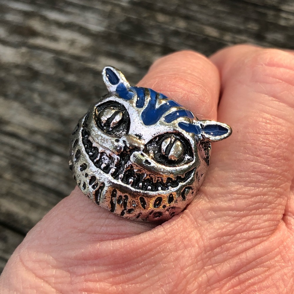 Cheshire Cat Blue Enamel Stainless Steel Ring! NEW!